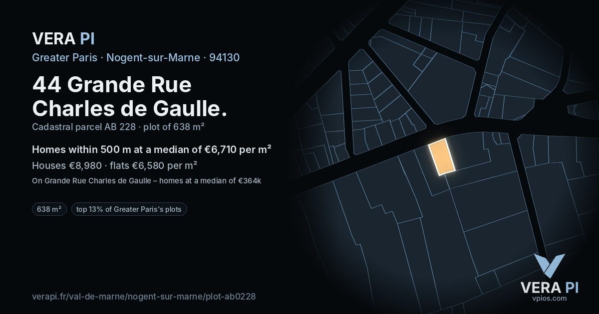 44 Grande Rue Charles de Gaulle, Nogent-sur-Marne at night – the plot lit, the parcels around coloured by the prices near them