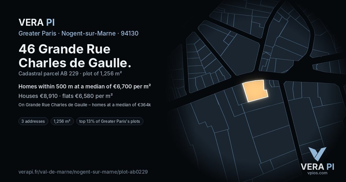 46 Grande Rue Charles de Gaulle, Nogent-sur-Marne at night – the plot lit, the parcels around coloured by the prices near them