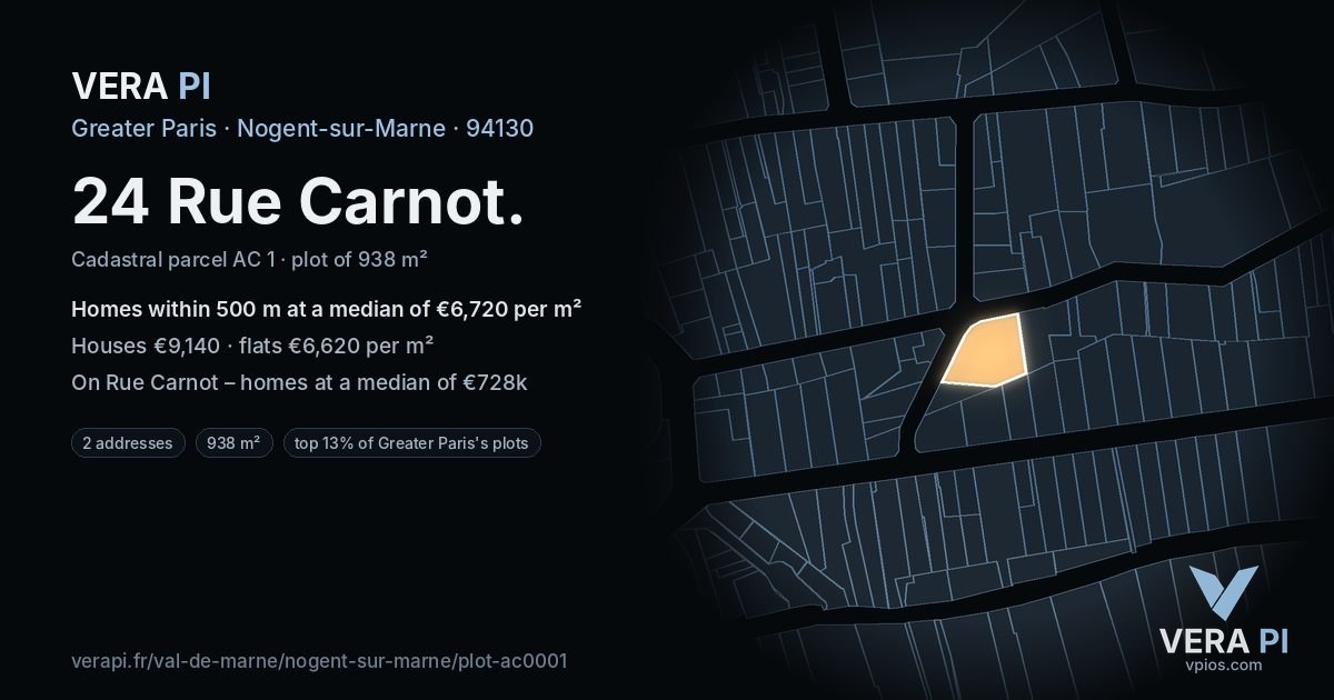 24 Rue Carnot, Nogent-sur-Marne at night – the plot lit, the parcels around coloured by the prices near them