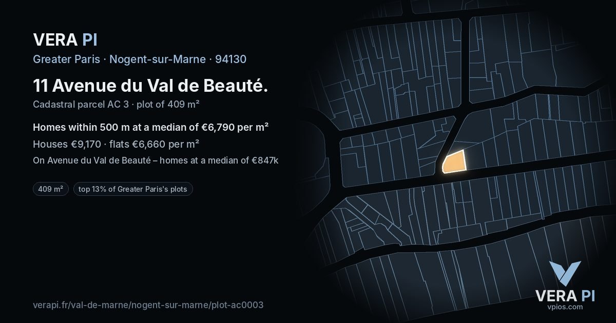11 Avenue du Val de Beauté, Nogent-sur-Marne at night – the plot lit, the parcels around coloured by the prices near them