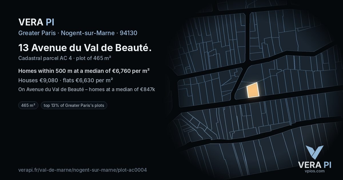 13 Avenue du Val de Beauté, Nogent-sur-Marne at night – the plot lit, the parcels around coloured by the prices near them