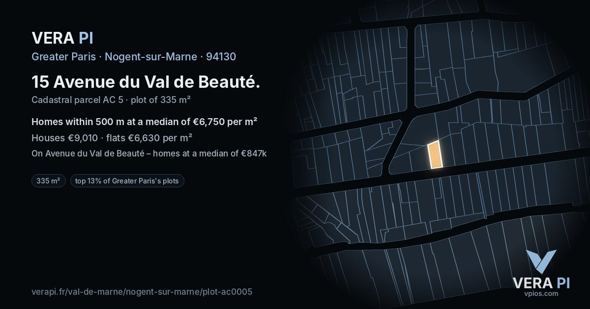 15 Avenue du Val de Beauté, Nogent-sur-Marne at night – the plot lit, the parcels around coloured by the prices near them