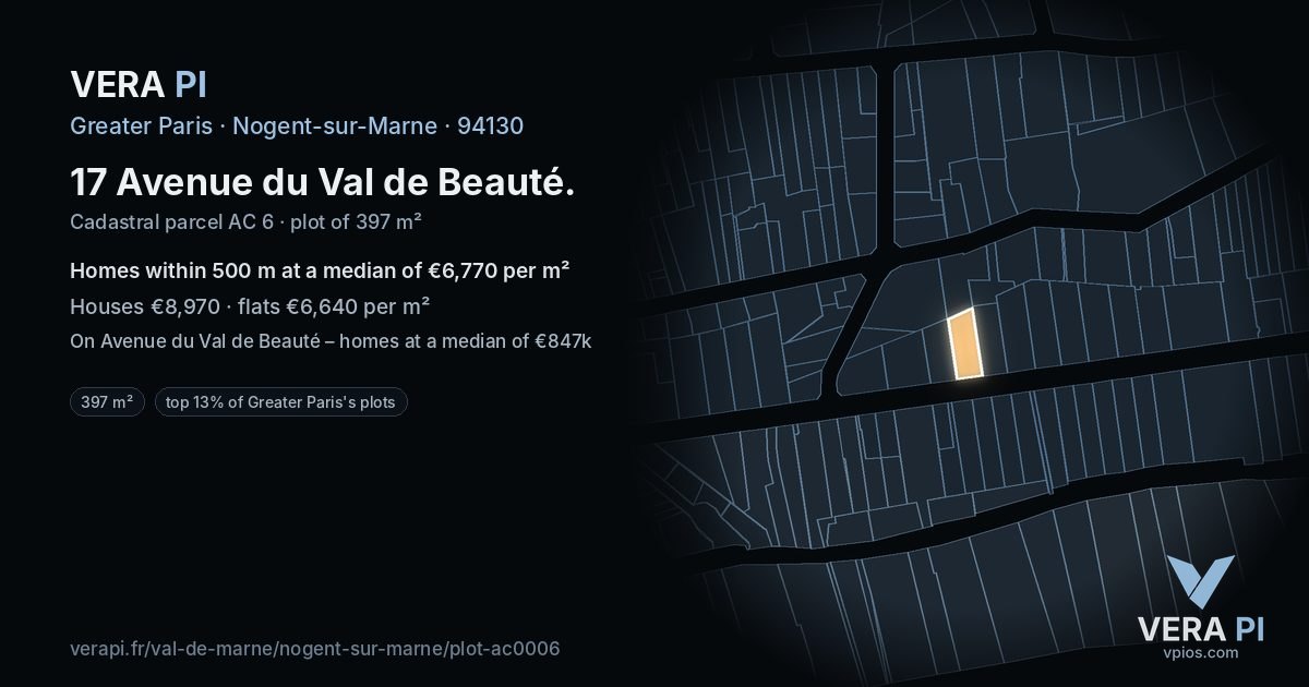 17 Avenue du Val de Beauté, Nogent-sur-Marne at night – the plot lit, the parcels around coloured by the prices near them