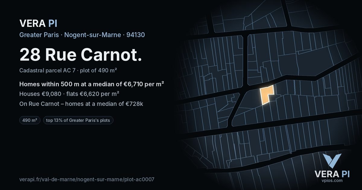 28 Rue Carnot, Nogent-sur-Marne at night – the plot lit, the parcels around coloured by the prices near them