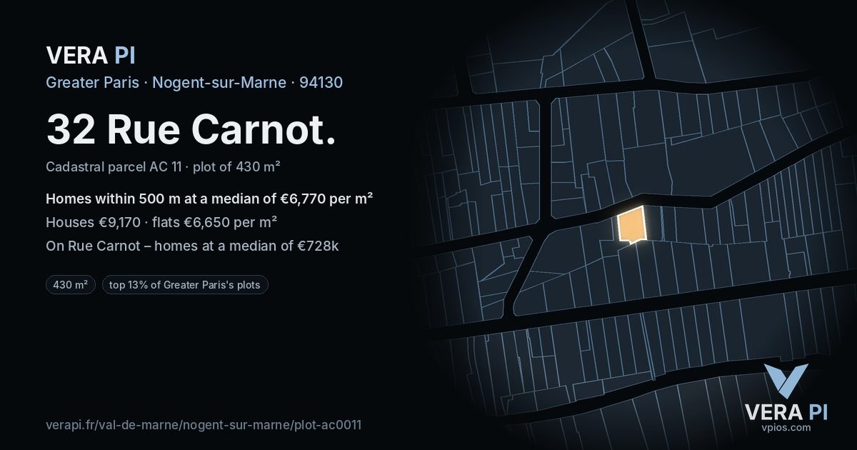 32 Rue Carnot, Nogent-sur-Marne at night – the plot lit, the parcels around coloured by the prices near them