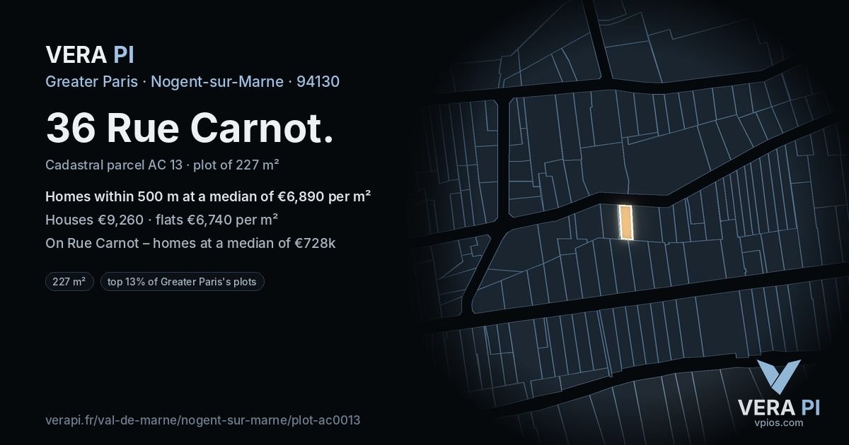 36 Rue Carnot, Nogent-sur-Marne at night – the plot lit, the parcels around coloured by the prices near them