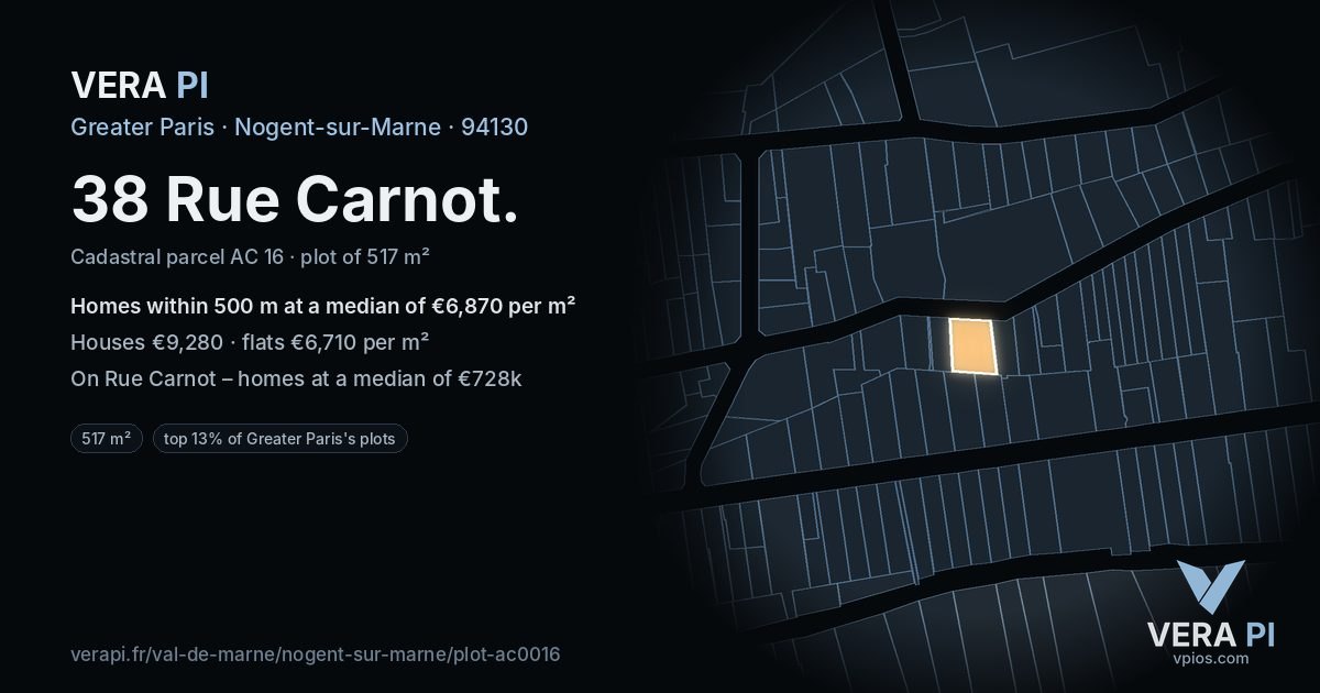 38 Rue Carnot, Nogent-sur-Marne at night – the plot lit, the parcels around coloured by the prices near them