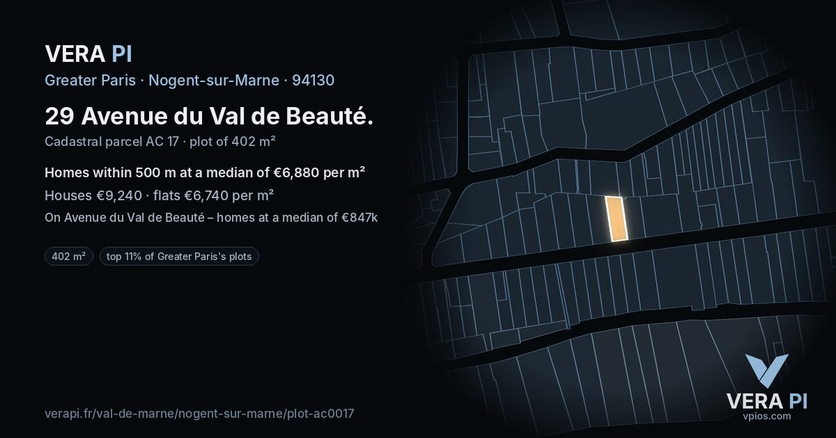 29 Avenue du Val de Beauté, Nogent-sur-Marne at night – the plot lit, the parcels around coloured by the prices near them