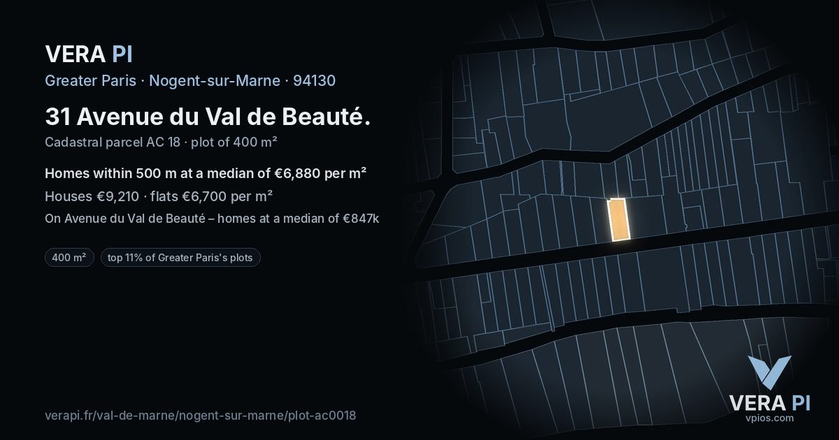 31 Avenue du Val de Beauté, Nogent-sur-Marne at night – the plot lit, the parcels around coloured by the prices near them