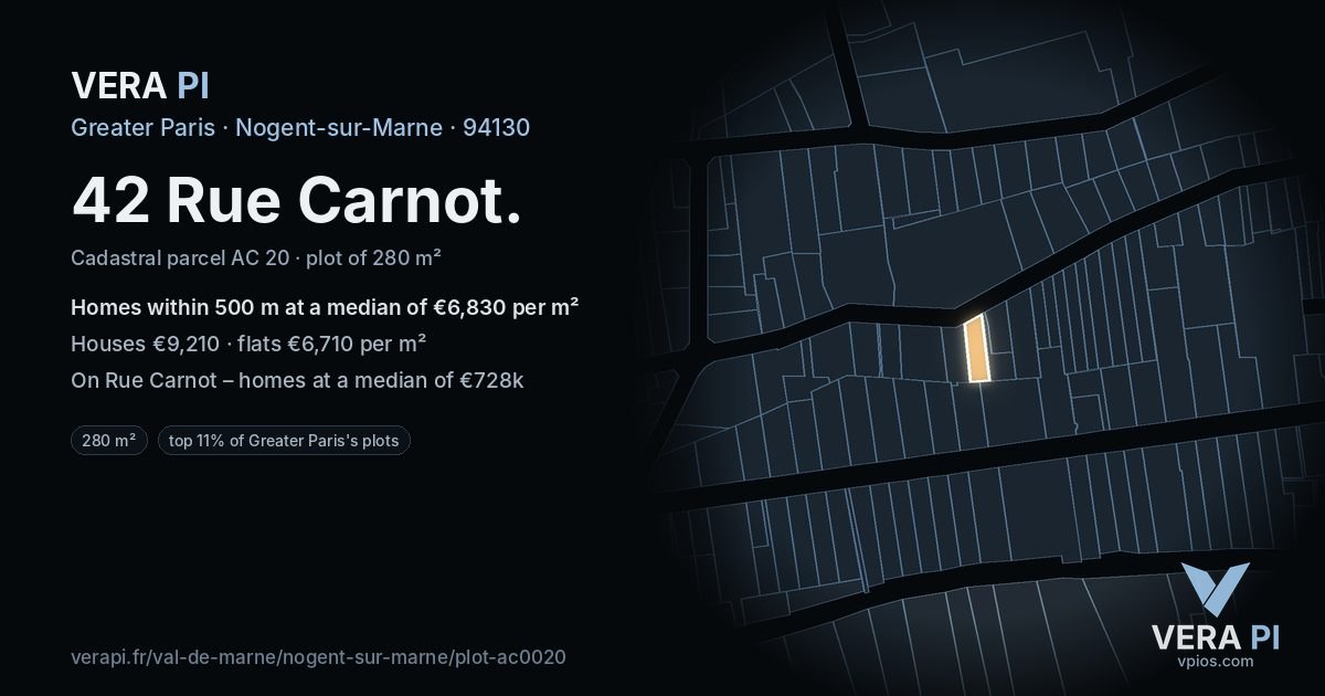 42 Rue Carnot, Nogent-sur-Marne at night – the plot lit, the parcels around coloured by the prices near them