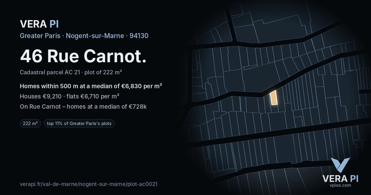 46 Rue Carnot, Nogent-sur-Marne at night – the plot lit, the parcels around coloured by the prices near them