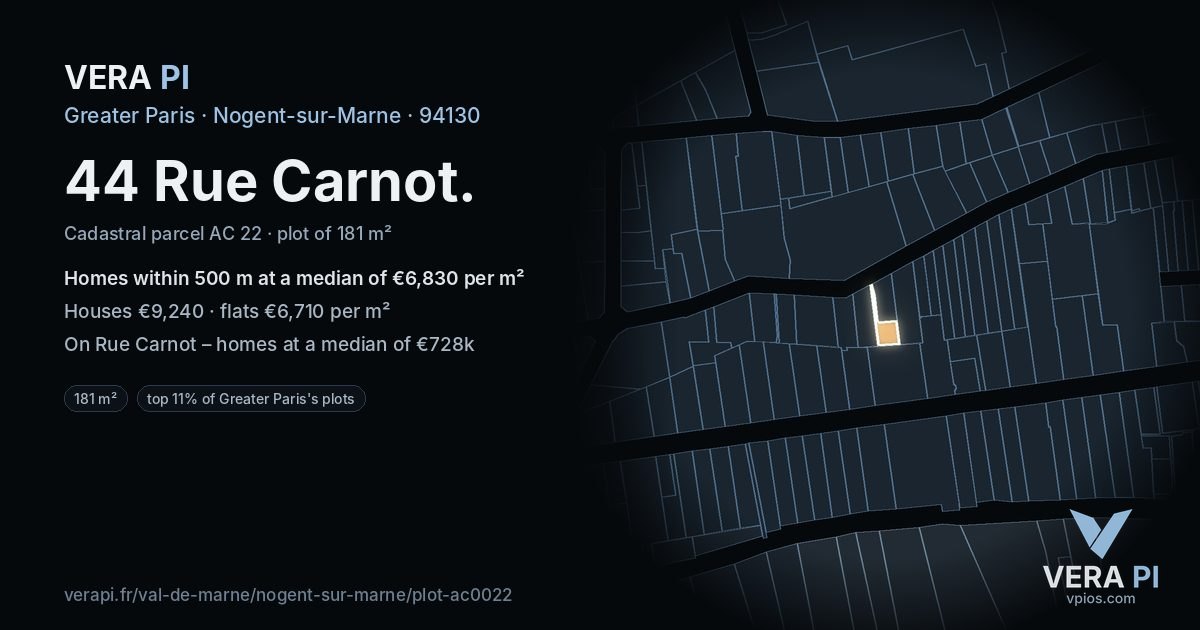 44 Rue Carnot, Nogent-sur-Marne at night – the plot lit, the parcels around coloured by the prices near them