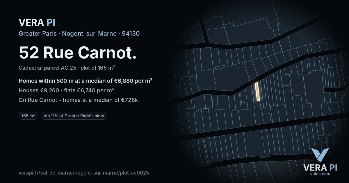 52 Rue Carnot, Nogent-sur-Marne at night – the plot lit, the parcels around coloured by the prices near them