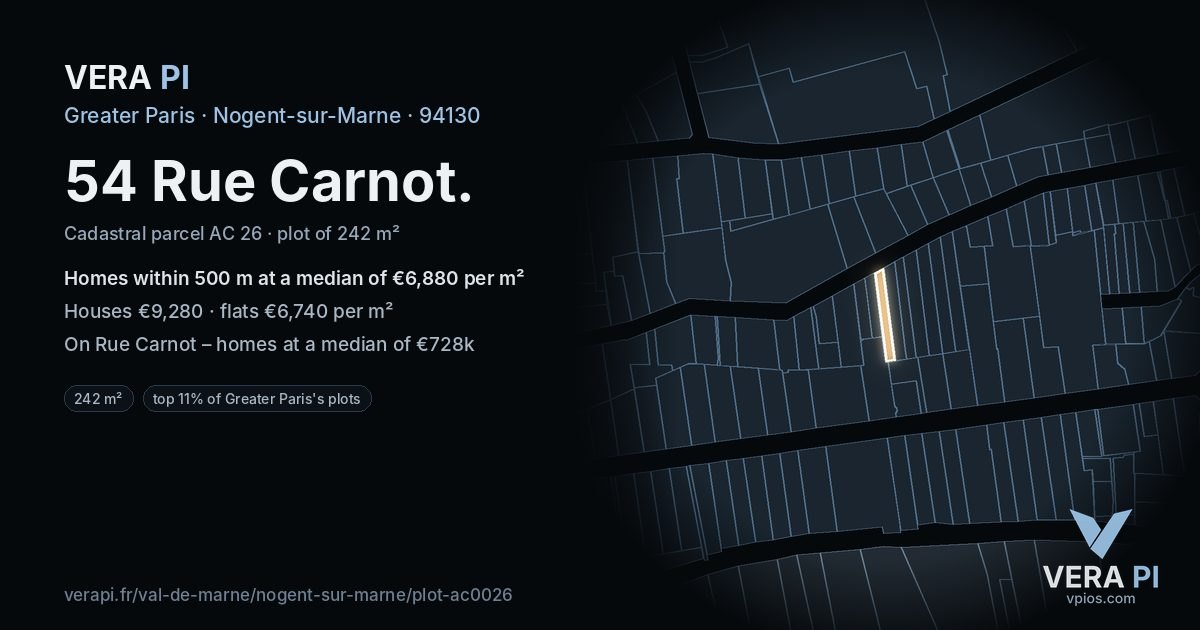 54 Rue Carnot, Nogent-sur-Marne at night – the plot lit, the parcels around coloured by the prices near them