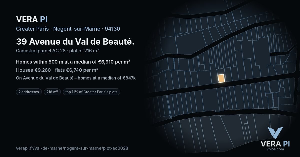 39 Avenue du Val de Beauté, Nogent-sur-Marne at night – the plot lit, the parcels around coloured by the prices near them