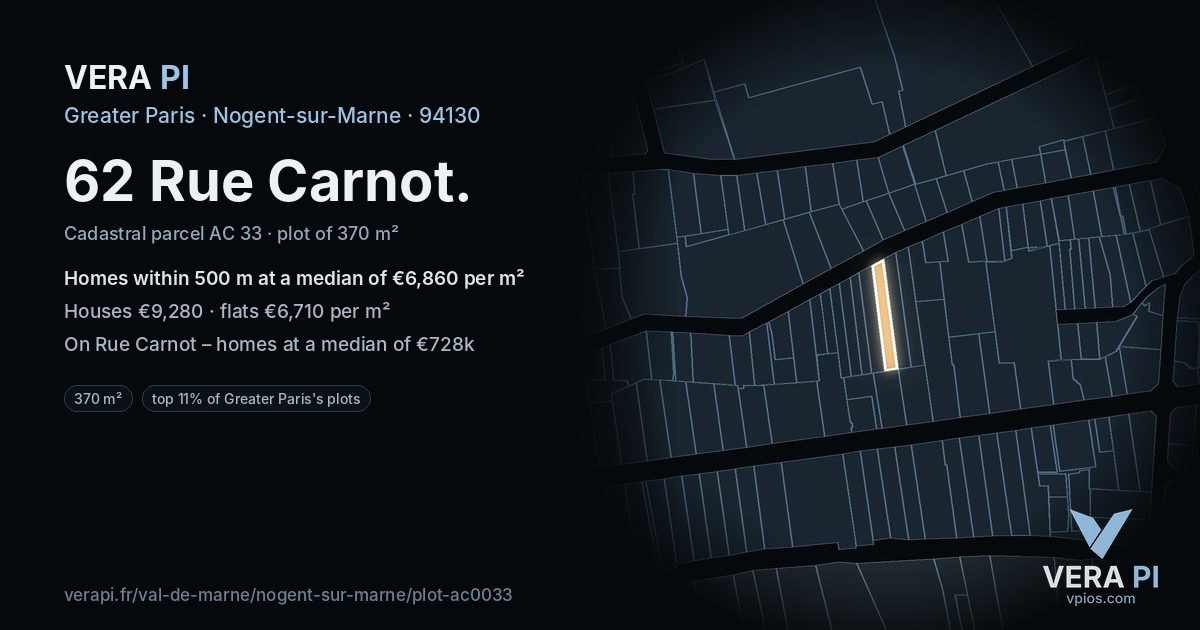 62 Rue Carnot, Nogent-sur-Marne at night – the plot lit, the parcels around coloured by the prices near them