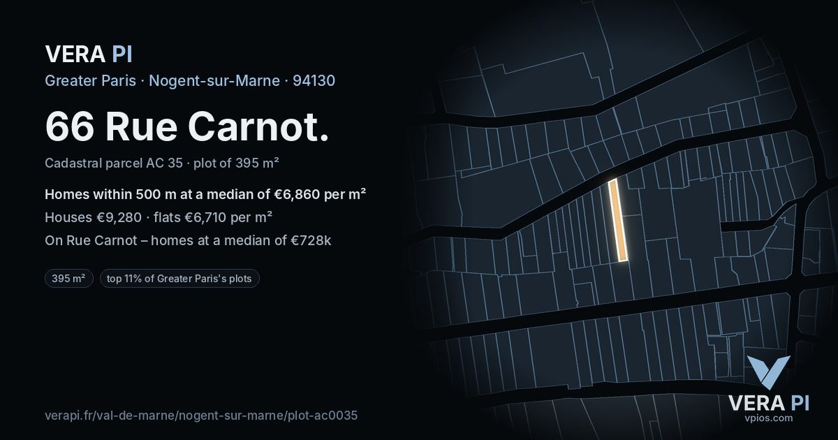 66 Rue Carnot, Nogent-sur-Marne at night – the plot lit, the parcels around coloured by the prices near them