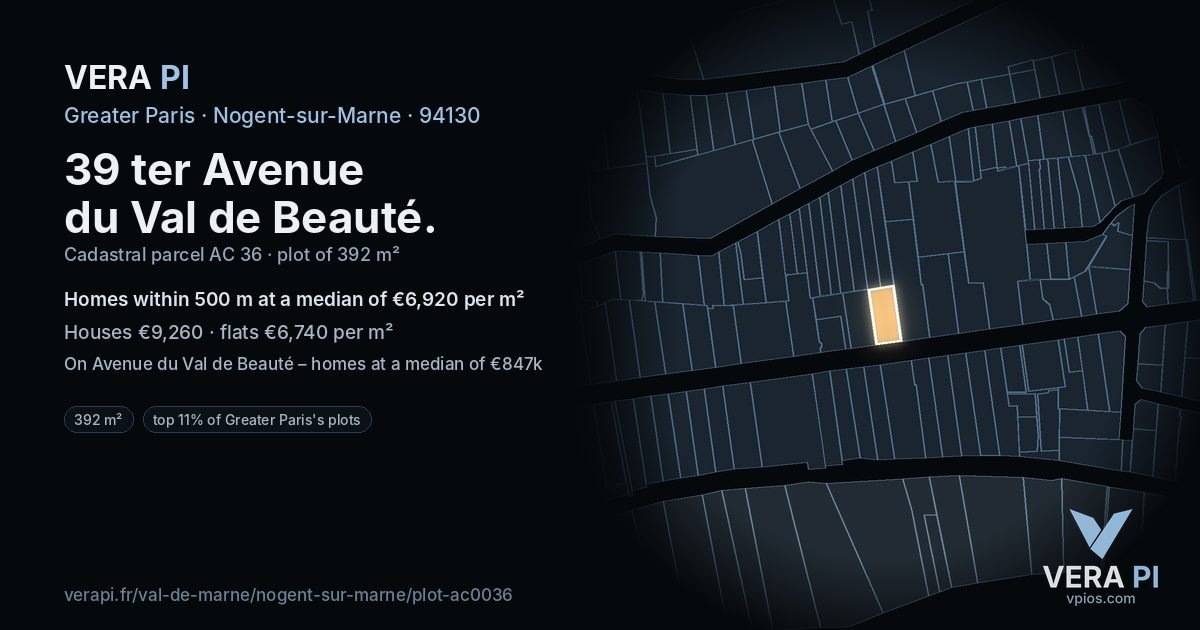 39 ter Avenue du Val de Beauté, Nogent-sur-Marne at night – the plot lit, the parcels around coloured by the prices near them