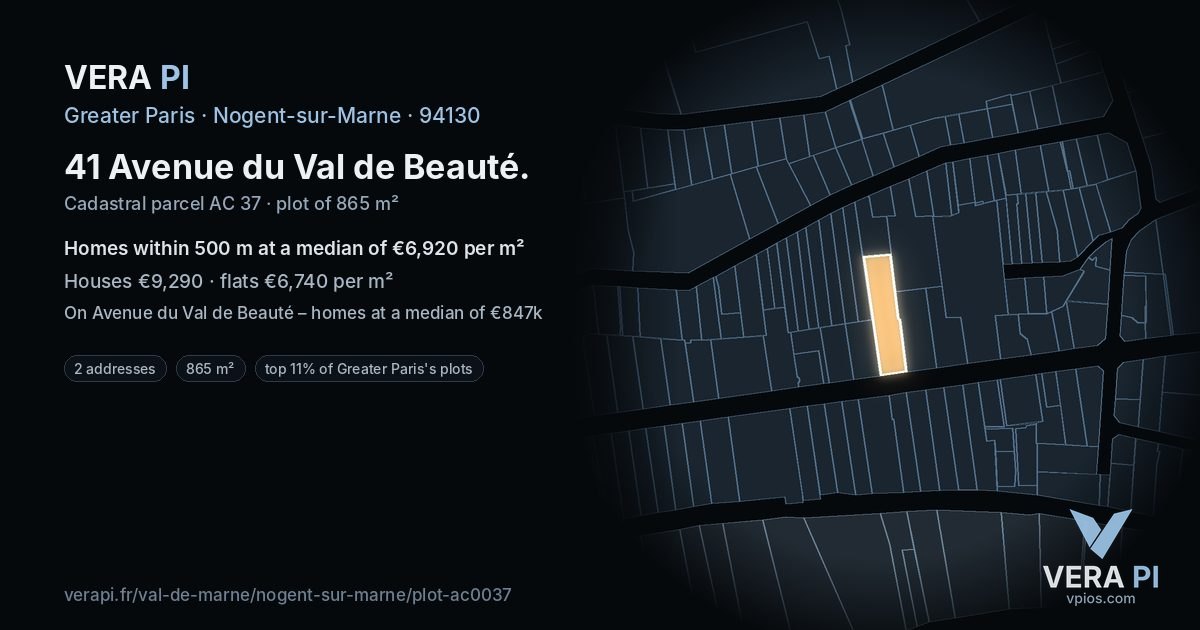 41 Avenue du Val de Beauté, Nogent-sur-Marne at night – the plot lit, the parcels around coloured by the prices near them