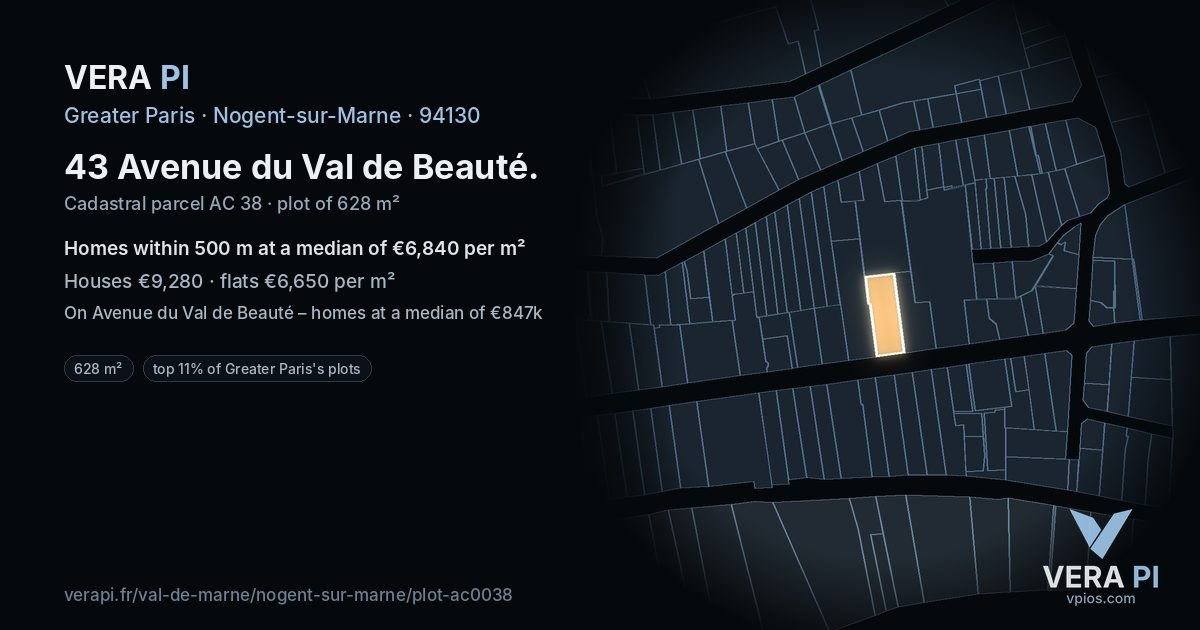 43 Avenue du Val de Beauté, Nogent-sur-Marne at night – the plot lit, the parcels around coloured by the prices near them