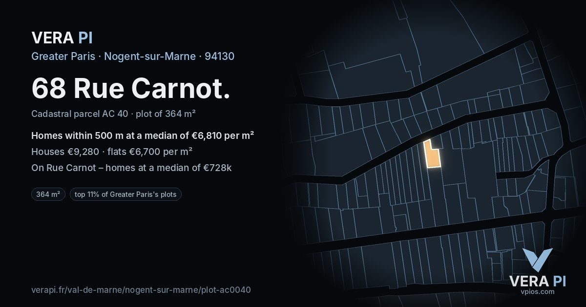 68 Rue Carnot, Nogent-sur-Marne at night – the plot lit, the parcels around coloured by the prices near them
