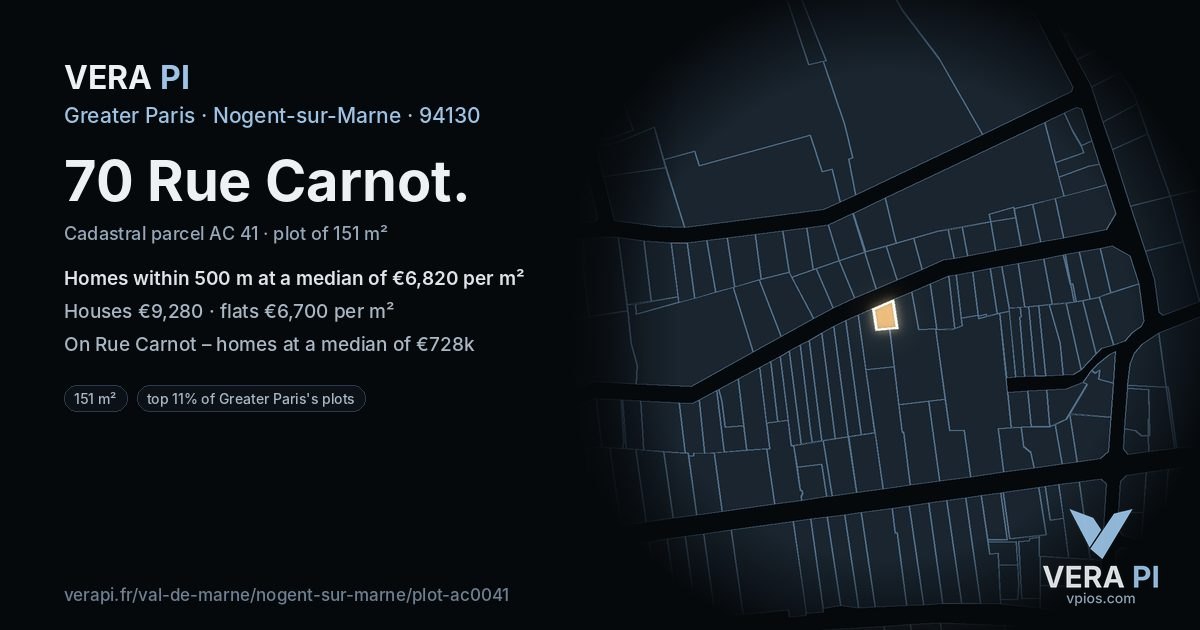 70 Rue Carnot, Nogent-sur-Marne at night – the plot lit, the parcels around coloured by the prices near them