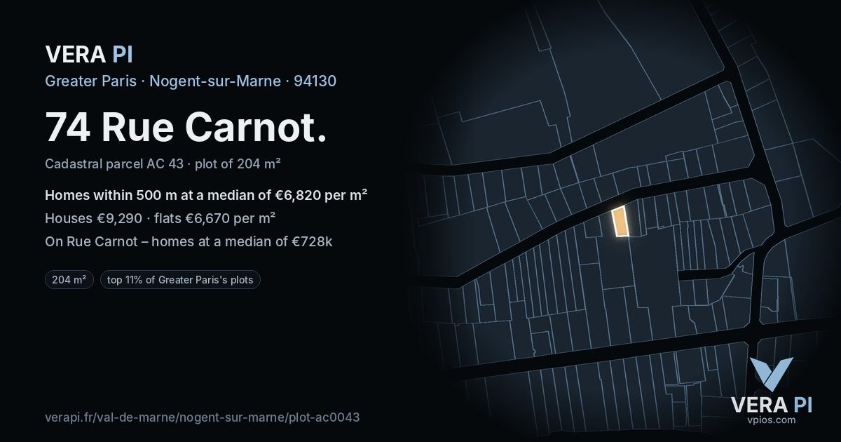 74 Rue Carnot, Nogent-sur-Marne at night – the plot lit, the parcels around coloured by the prices near them