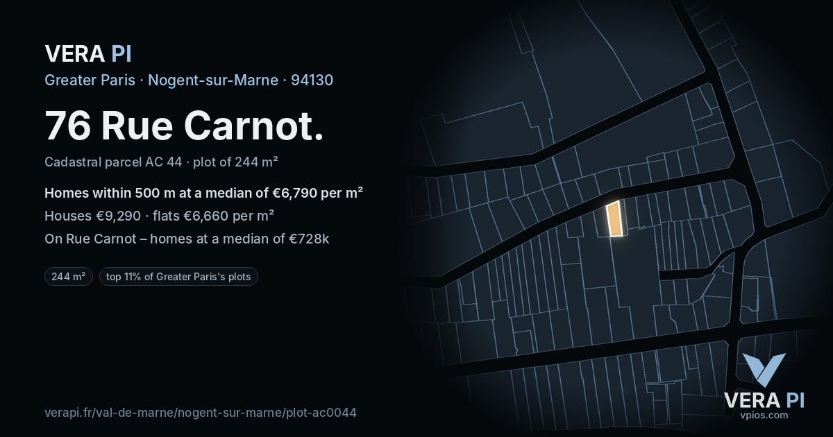 76 Rue Carnot, Nogent-sur-Marne at night – the plot lit, the parcels around coloured by the prices near them