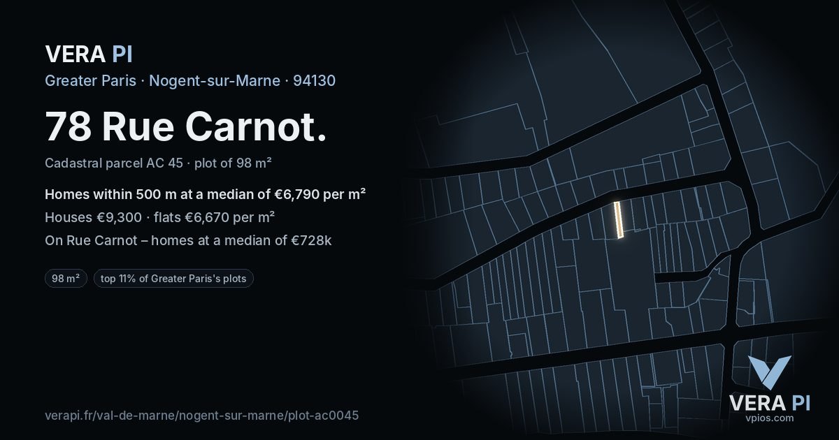 78 Rue Carnot, Nogent-sur-Marne at night – the plot lit, the parcels around coloured by the prices near them