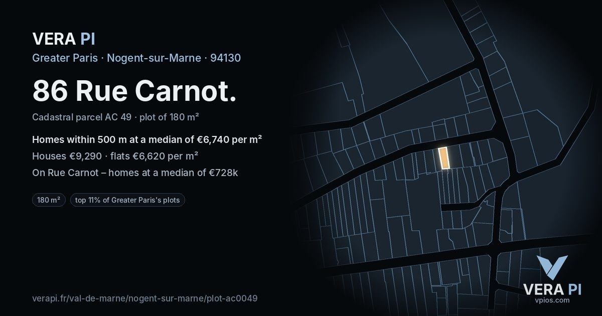 86 Rue Carnot, Nogent-sur-Marne at night – the plot lit, the parcels around coloured by the prices near them