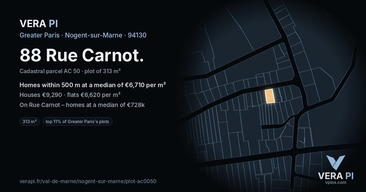 88 Rue Carnot, Nogent-sur-Marne at night – the plot lit, the parcels around coloured by the prices near them