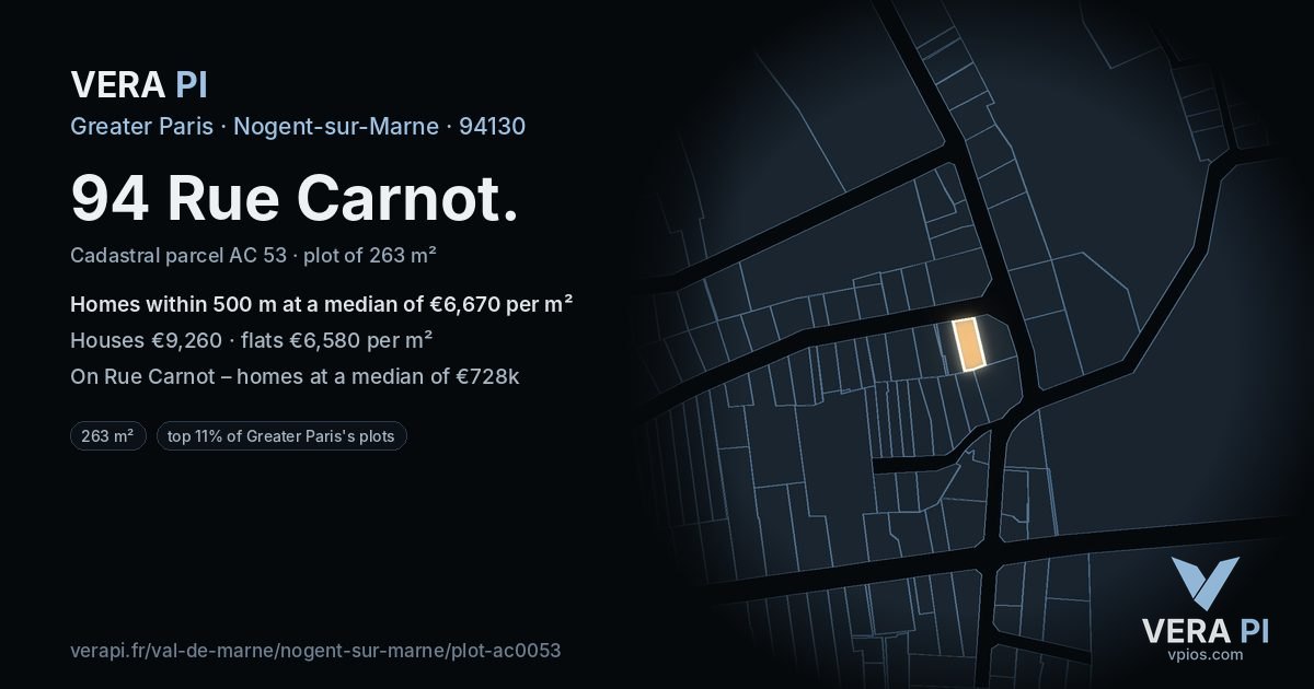 94 Rue Carnot, Nogent-sur-Marne at night – the plot lit, the parcels around coloured by the prices near them