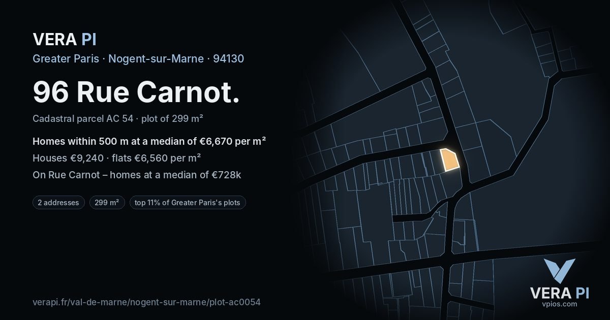 96 Rue Carnot, Nogent-sur-Marne at night – the plot lit, the parcels around coloured by the prices near them