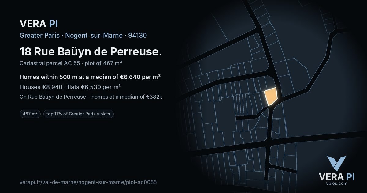 18 Rue Baüyn de Perreuse, Nogent-sur-Marne at night – the plot lit, the parcels around coloured by the prices near them