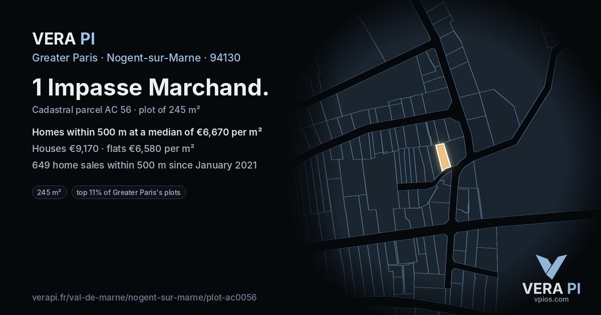 1 Impasse Marchand, Nogent-sur-Marne at night – the plot lit, the parcels around coloured by the prices near them