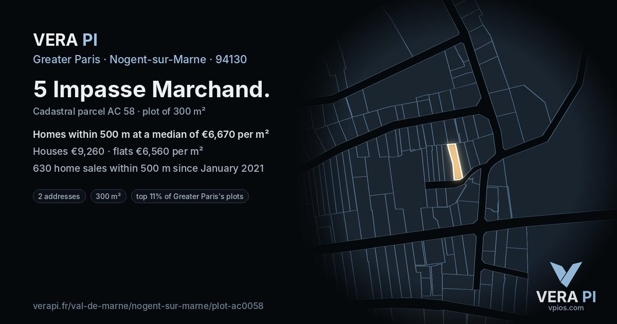 5 Impasse Marchand, Nogent-sur-Marne at night – the plot lit, the parcels around coloured by the prices near them