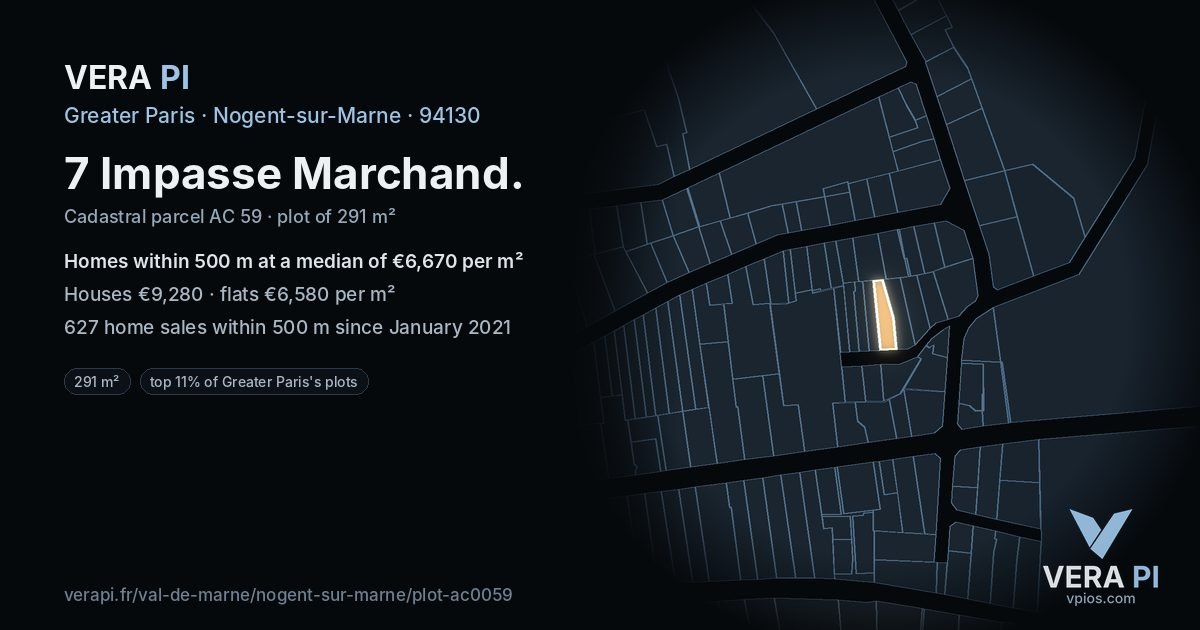 7 Impasse Marchand, Nogent-sur-Marne at night – the plot lit, the parcels around coloured by the prices near them