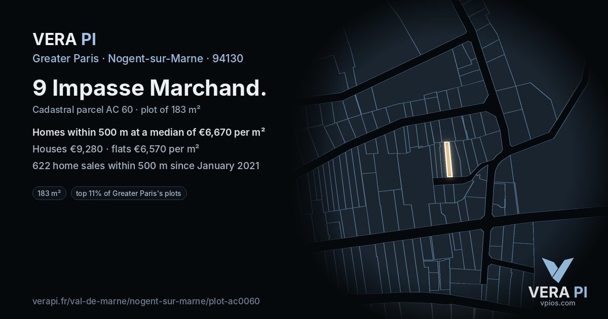 9 Impasse Marchand, Nogent-sur-Marne at night – the plot lit, the parcels around coloured by the prices near them