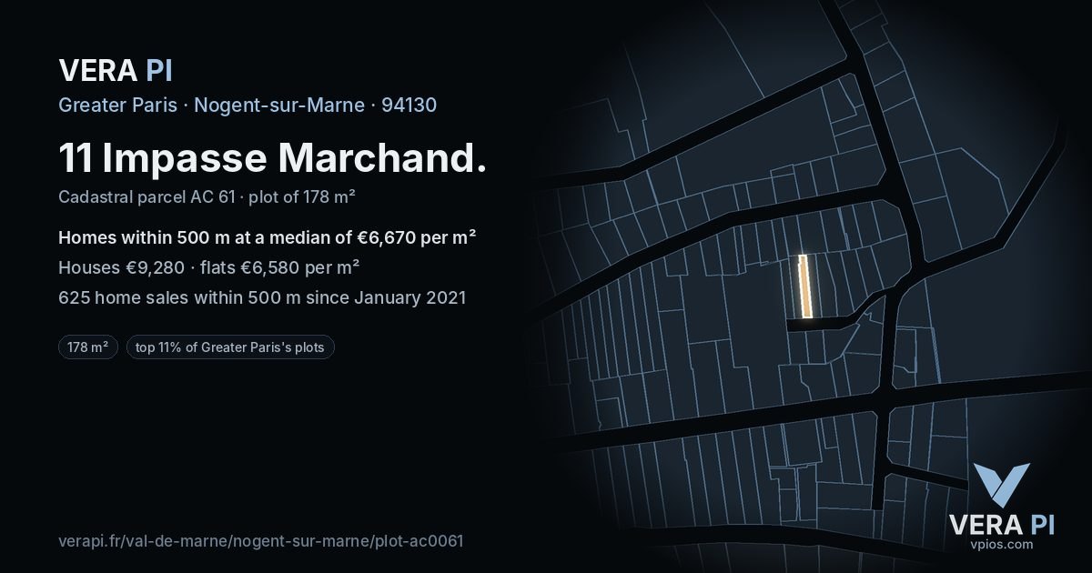11 Impasse Marchand, Nogent-sur-Marne at night – the plot lit, the parcels around coloured by the prices near them