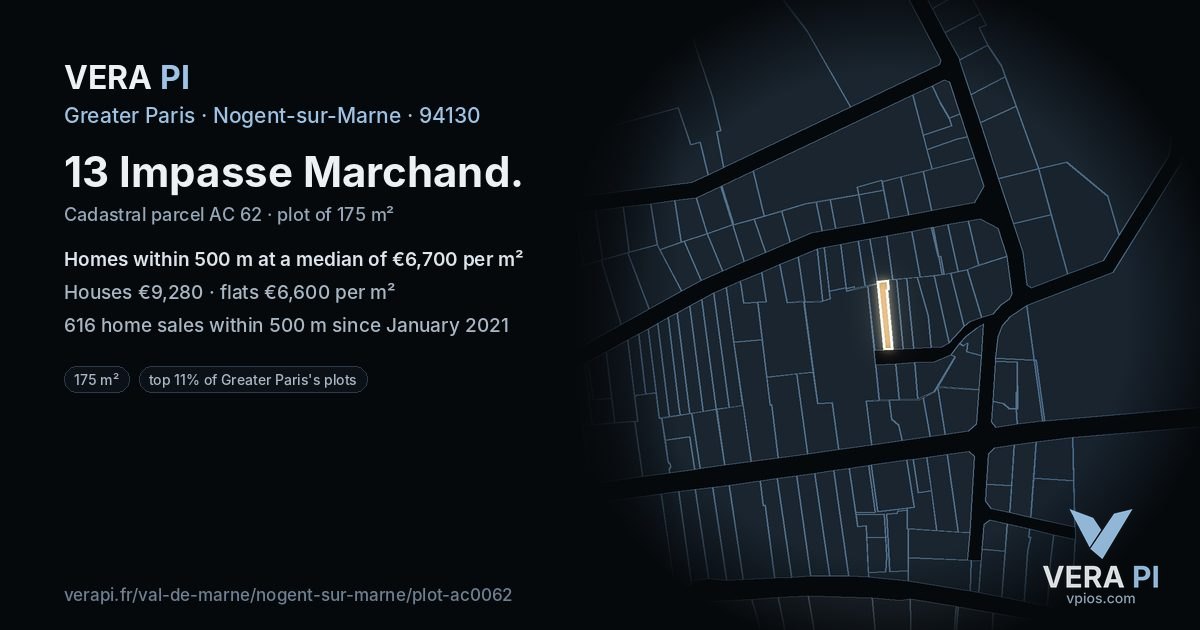 13 Impasse Marchand, Nogent-sur-Marne at night – the plot lit, the parcels around coloured by the prices near them