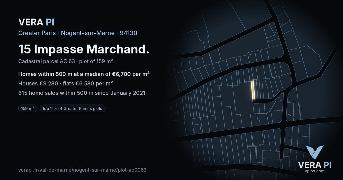 15 Impasse Marchand, Nogent-sur-Marne at night – the plot lit, the parcels around coloured by the prices near them