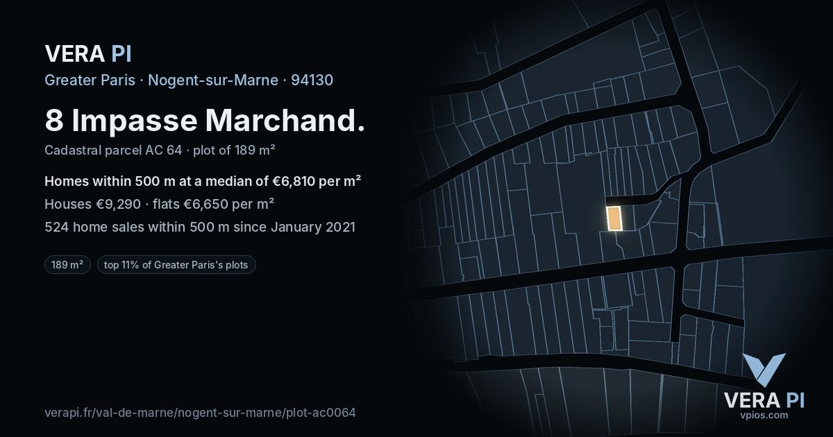 8 Impasse Marchand, Nogent-sur-Marne at night – the plot lit, the parcels around coloured by the prices near them
