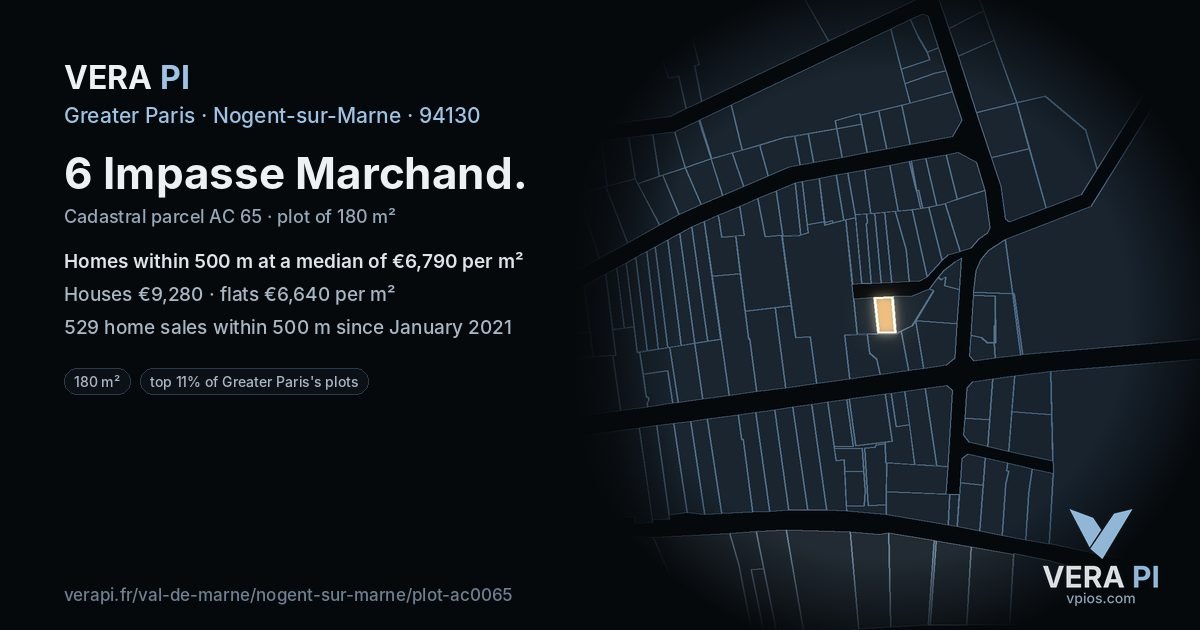 6 Impasse Marchand, Nogent-sur-Marne at night – the plot lit, the parcels around coloured by the prices near them