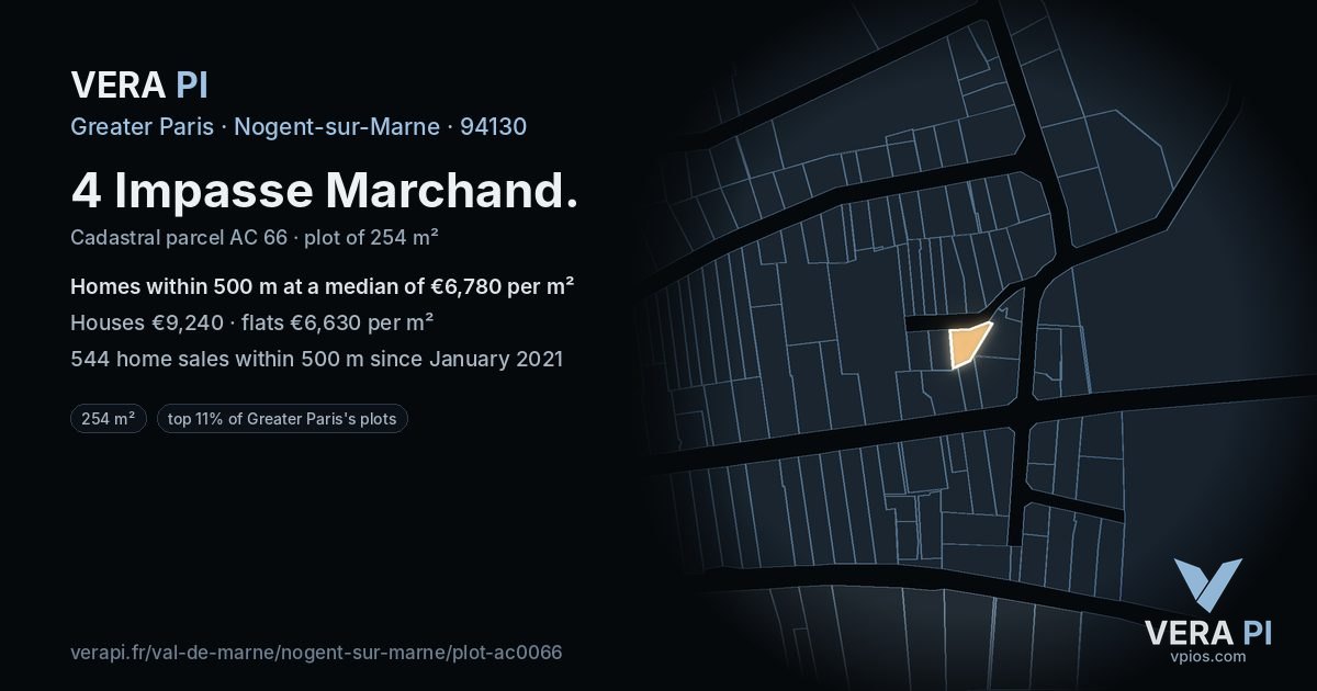 4 Impasse Marchand, Nogent-sur-Marne at night – the plot lit, the parcels around coloured by the prices near them