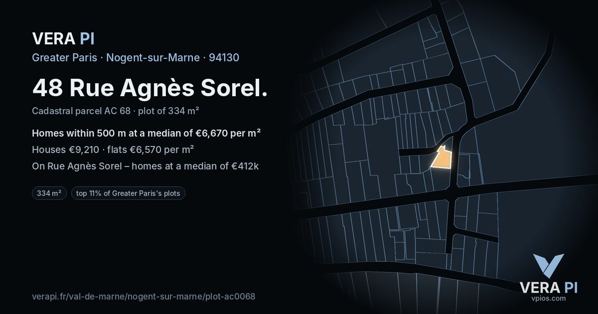 48 Rue Agnès Sorel, Nogent-sur-Marne at night – the plot lit, the parcels around coloured by the prices near them