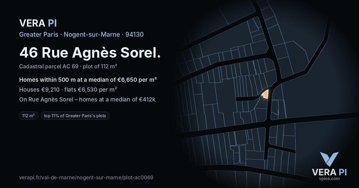 46 Rue Agnès Sorel, Nogent-sur-Marne at night – the plot lit, the parcels around coloured by the prices near them