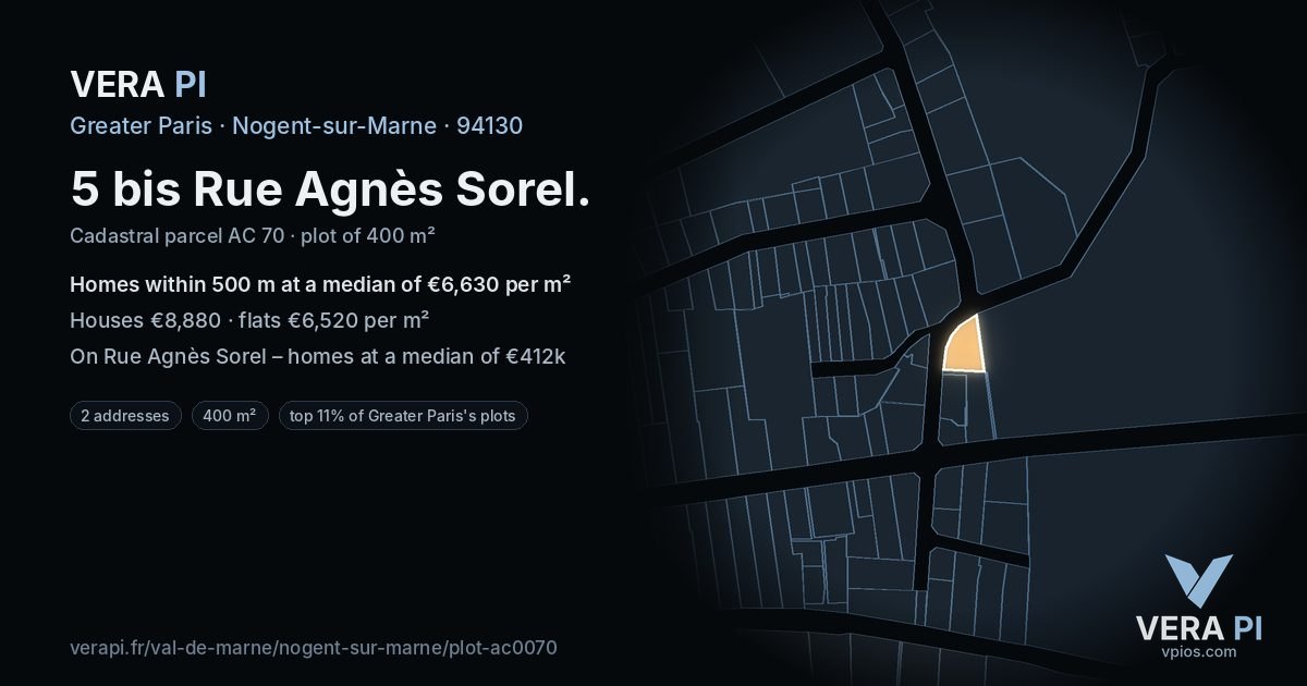 5 bis Rue Agnès Sorel, Nogent-sur-Marne at night – the plot lit, the parcels around coloured by the prices near them