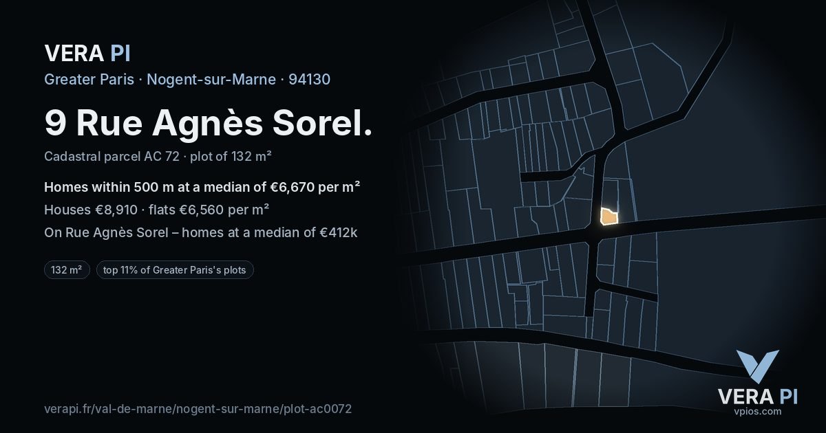 9 Rue Agnès Sorel, Nogent-sur-Marne at night – the plot lit, the parcels around coloured by the prices near them