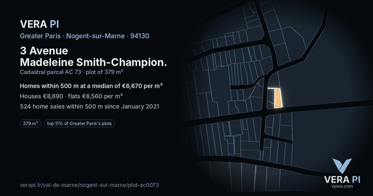 3 Avenue Madeleine Smith-Champion, Nogent-sur-Marne at night – the plot lit, the parcels around coloured by the prices near them