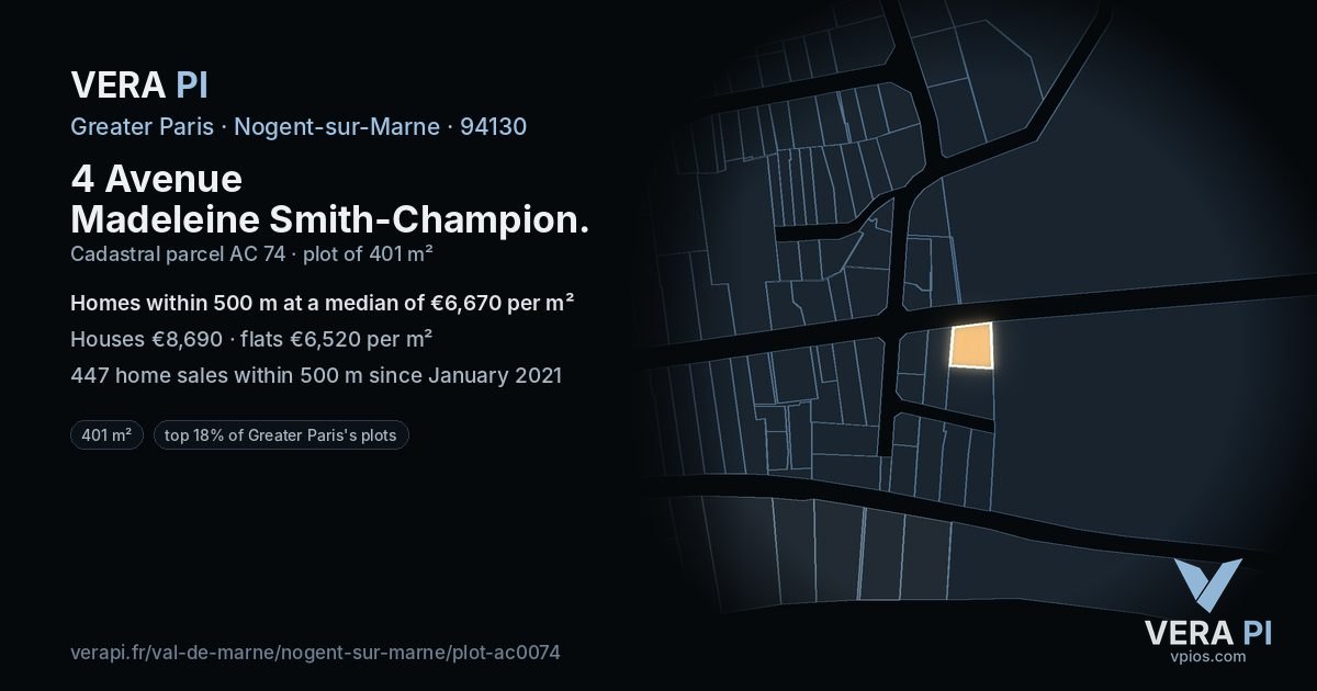 4 Avenue Madeleine Smith-Champion, Nogent-sur-Marne at night – the plot lit, the parcels around coloured by the prices near them